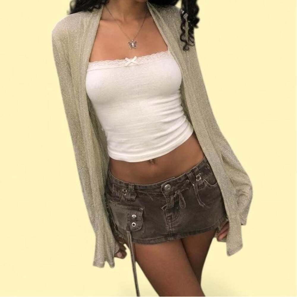 Gold Metallic Shimmer Lightweight Open Front Duster Cardigan Medium